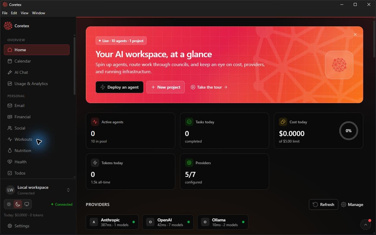 Coretex home workspace showing agents, providers, projects, usage, and infrastructure at a glance.